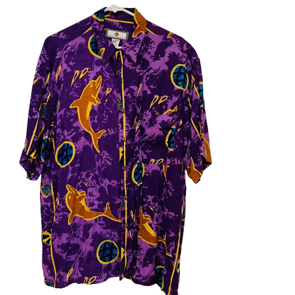 Vintage‎ Chia Mare Mens Button Up Shirt Purple Dolphin Print Size Large